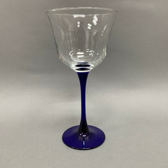 Wine Clear Cobalt Blue Stem Glass 7 5/8" Tall - Picture 2 of 5